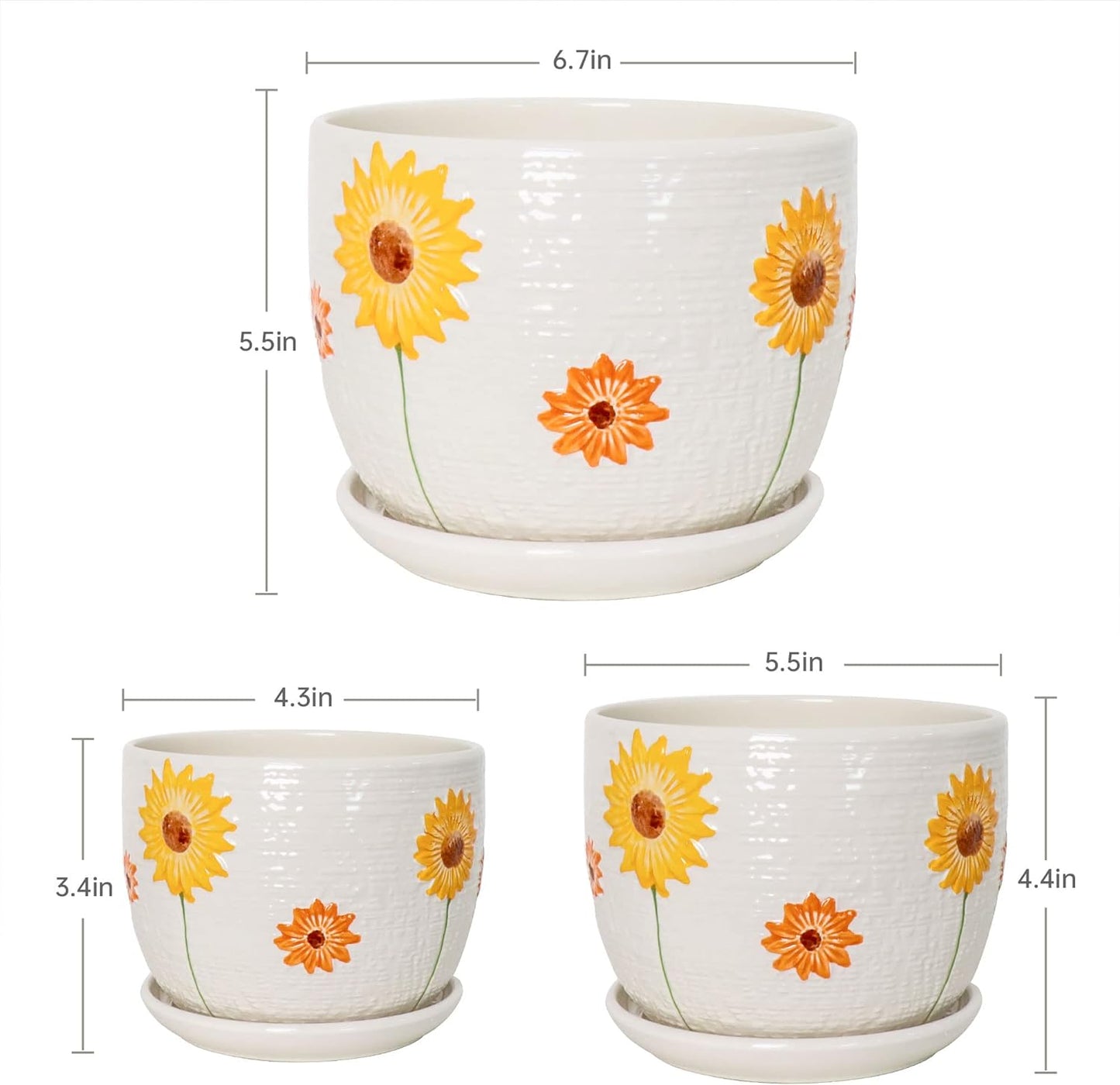 Ton Sin Grey Flower Pots, Texture Planter for Indoor Plants Set of 3 Ceramic Flower Pots with Saucer, Cute Garden Pots Succulent Pots, 6.75/5.6/4.2 Inch, Indoor Outdoor Home Garden Decor