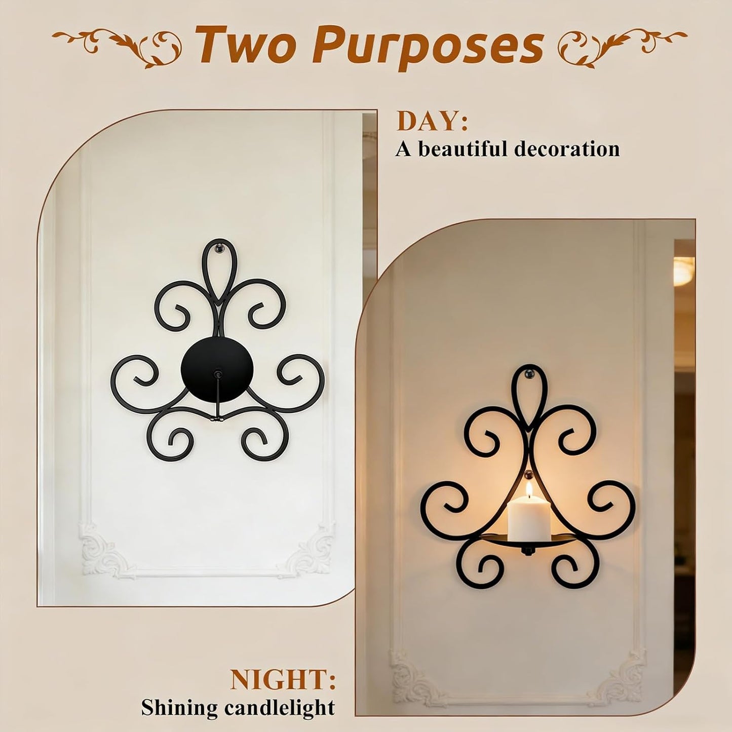 Wall Candle Sconces Set of 2, Double Scroll Pattern Candle Sconces, Metal Wall Candle Holder for Home Decor, Living Room, Dining Room, Bedroom, Black, Gifts for Men Women Mom or Dad