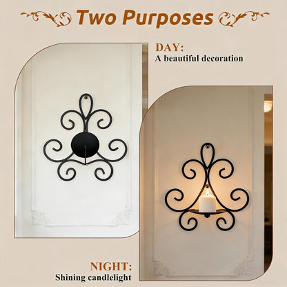 Wall Candle Sconces Set of 2, Double Scroll Pattern Candle Sconces, Metal Wall Candle Holder for Home Decor, Living Room, Dining Room, Bedroom, Black, Gifts for Men Women Mom or Dad