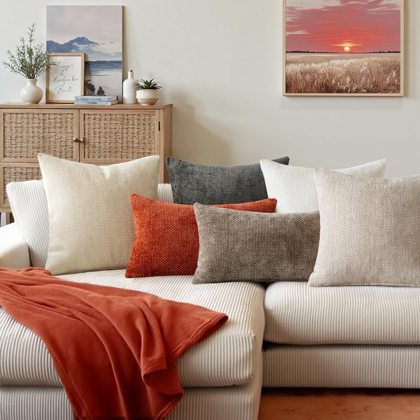 MIULEE Pack of 2 Couch Throw Pillow Covers 18x18 Inch Neutral Beige Modern Boho Accent Decorative Pillow Covers Soft Chenille Farmhouse Cushion Covers for Home Decor Bed Sofa Living Room