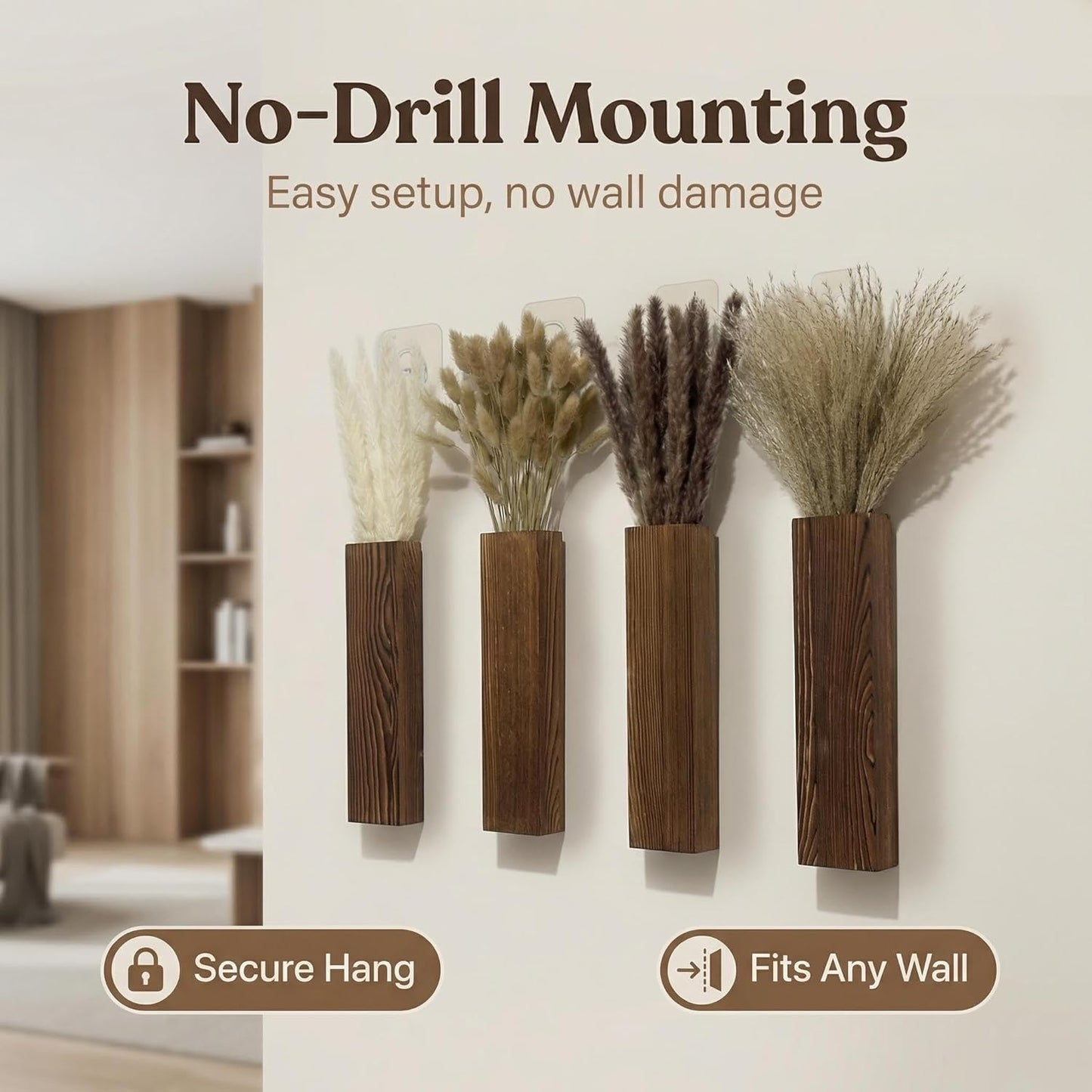 Wooden Wall Planter Set of 4 - Modern Home Decor for Living Room, Bedroom, Bathroom - Walnut Finish Planter for Dried Flowers, Faux Greenery, Indoor Plants