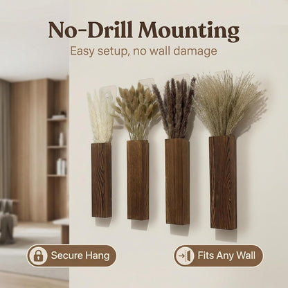 Wooden Wall Planter Set of 4 - Modern Home Decor for Living Room, Bedroom, Bathroom - Walnut Finish Planter for Dried Flowers, Faux Greenery, Indoor Plants