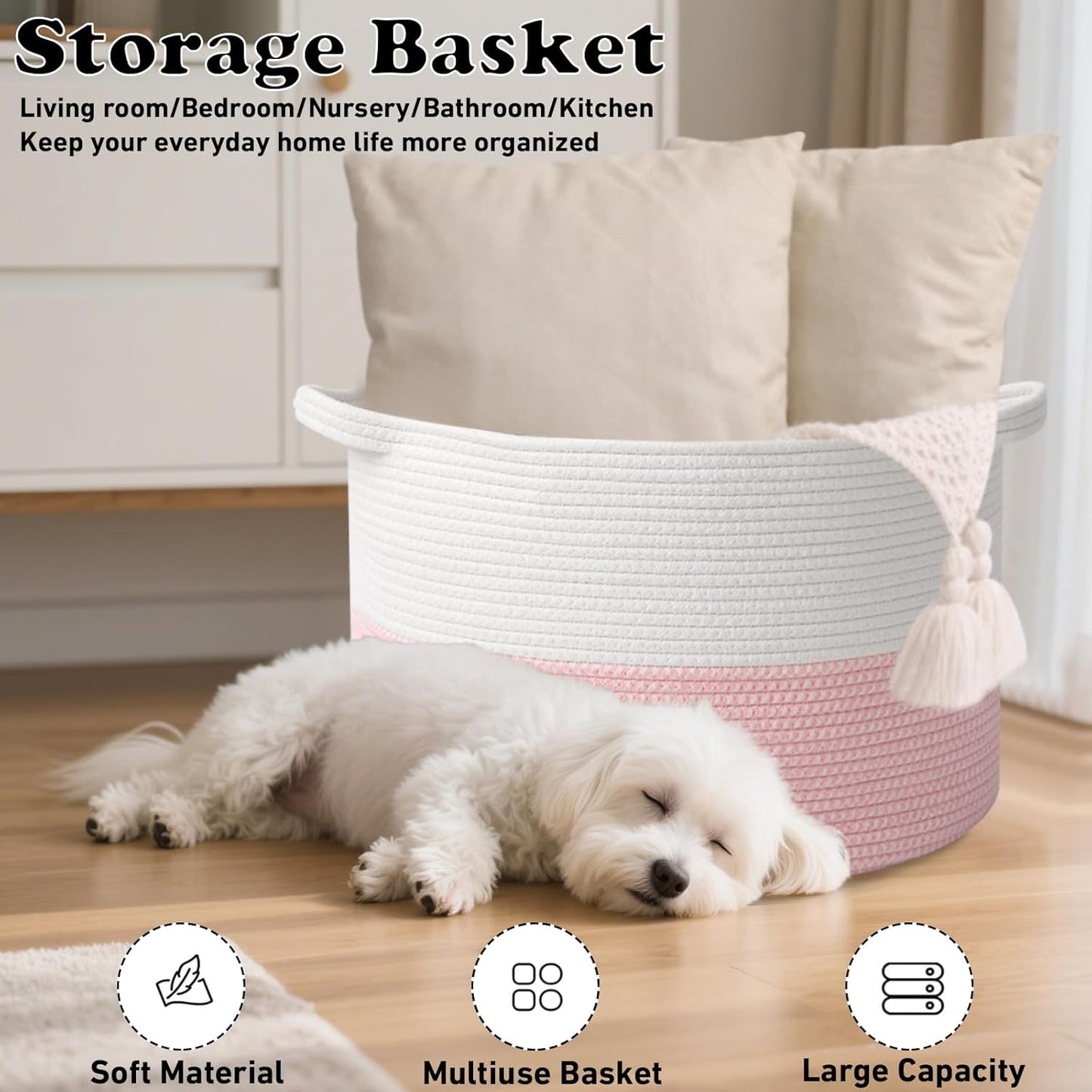 Large Woven Blanket Basket,65L Cotton Rope Laundry Basket Hamper with Handles, Decorative Nursery Basket Storage Bin for Toys, Clothes Organizer, Living Room, Bedroom, Bathroom, White & Brown