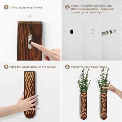Wooden Wall Planter Set of 4 - Modern Home Decor for Living Room, Bedroom, Bathroom - Walnut Finish Planter for Dried Flowers, Faux Greenery, Indoor Plants