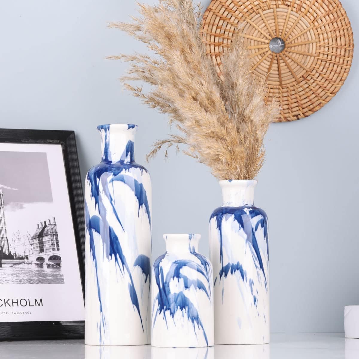 Blue Ceramic Vase Set - 3 Blue Small Vases, Farmhouse Country Flower Vase Home Decor, Living Room Decoration, Table Decoration, Fireplace Decor, and Entrance Decorations Centerpieces