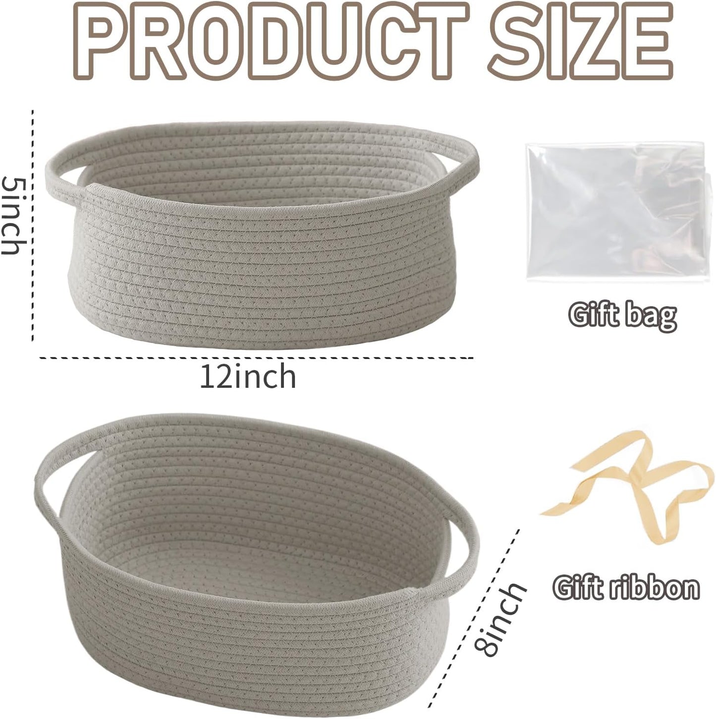 JMvicyroam Woven Basket,Small Rope Storage Bin with Handles & Ribbon Bag, Organizer for Shelves Closets,Gift Basket Empty for Birthday,Books,Dog Toys,White