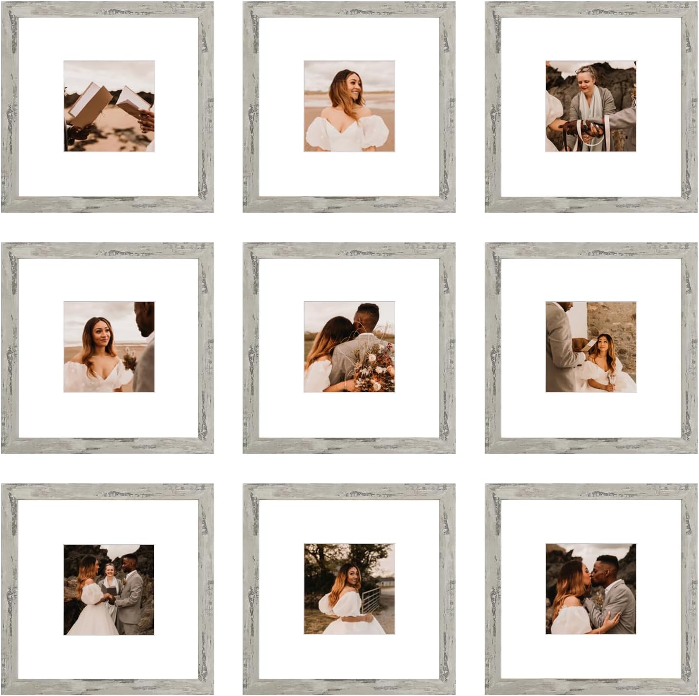 12x12 Picture Frame Set of 9, Display Pictures 8x8 with Mat or 12x12 without Mat, Multi Collage Gallery Square Photo Frames for Wall or Tabletop, Black