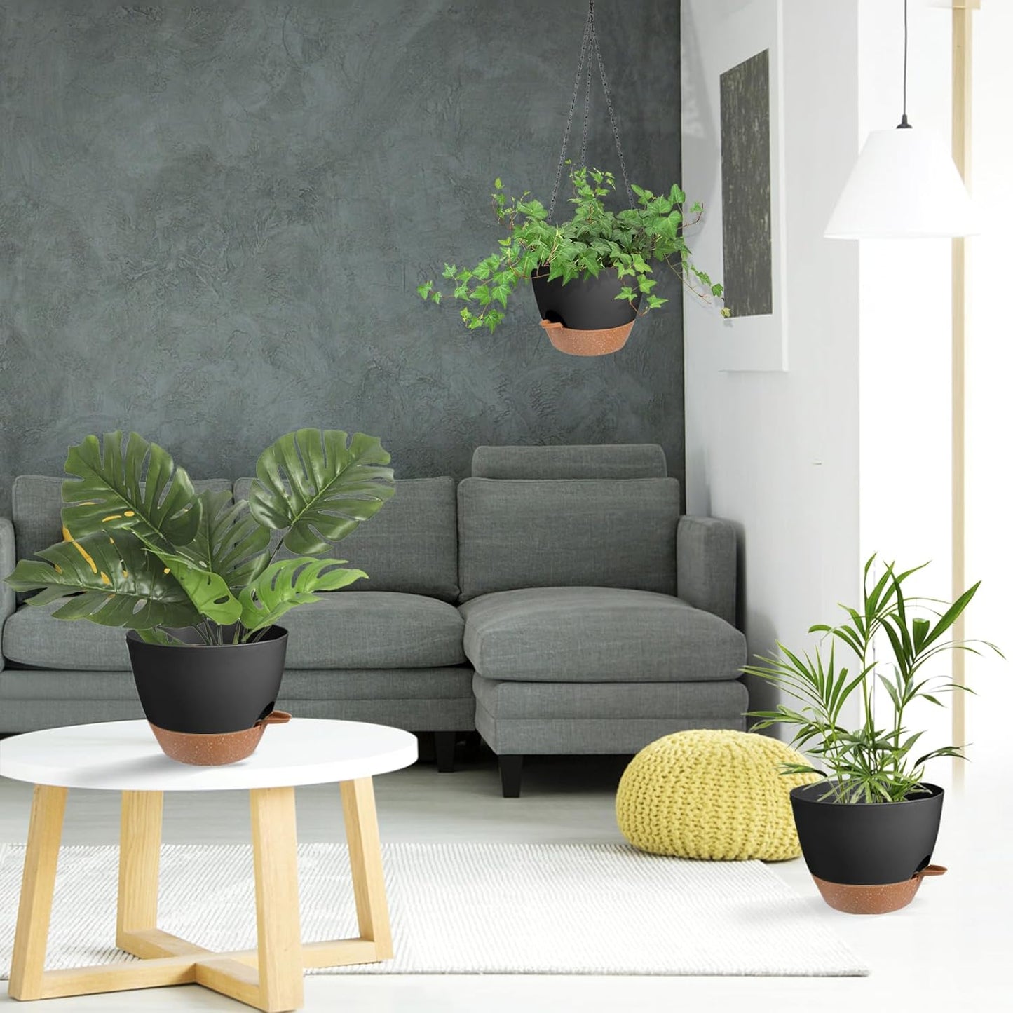 Vanslogreen Hanging Planters for Indoor Outdoor Plants, 2 Pack Self Watering Hanging Pot with Drainage Holes & Removable Tray (Black, 8'')
