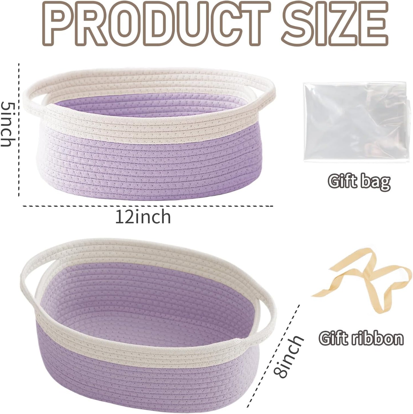 JMvicyroam Woven Basket,Small Rope Storage Bin with Handles & Ribbon Bag, Organizer for Shelves Closets,Gift Basket Empty for Birthday,Books,Dog Toys,White