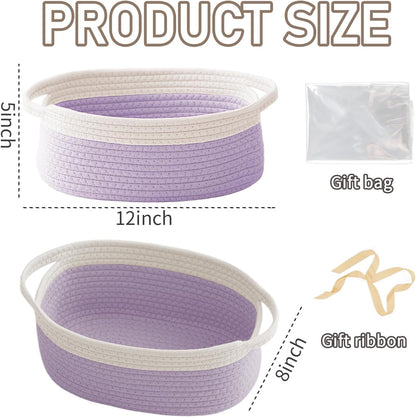 JMvicyroam Woven Basket,Small Rope Storage Bin with Handles & Ribbon Bag, Organizer for Shelves Closets,Gift Basket Empty for Birthday,Books,Dog Toys,White
