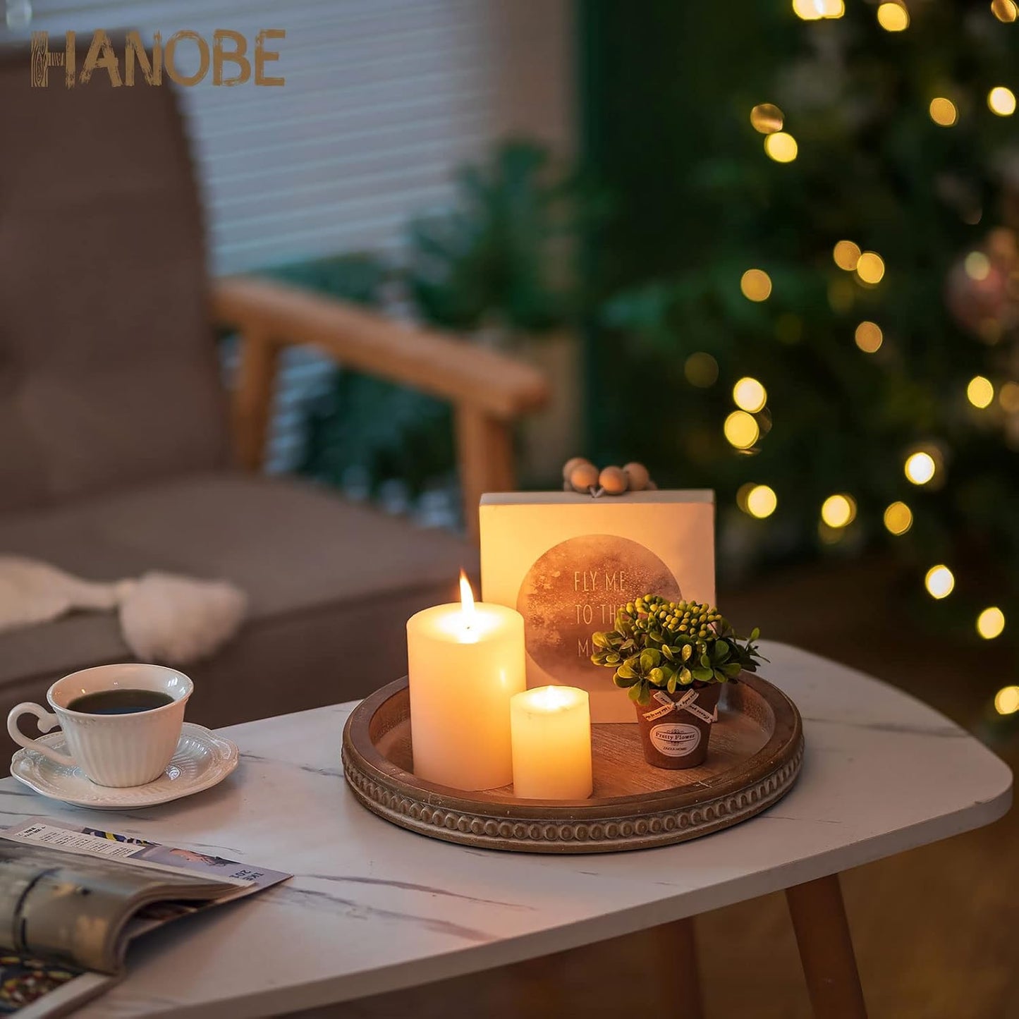 Hanobe Round Wooden Decorative Tray: White Washed Bead Tray Decor for Coffee Table Centerpiece Rustic Farmhouse Tray for Kitchen Counter Living Room Decoration