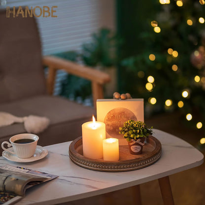 Hanobe Round Wooden Decorative Tray: White Washed Bead Tray Decor for Coffee Table Centerpiece Rustic Farmhouse Tray for Kitchen Counter Living Room Decoration