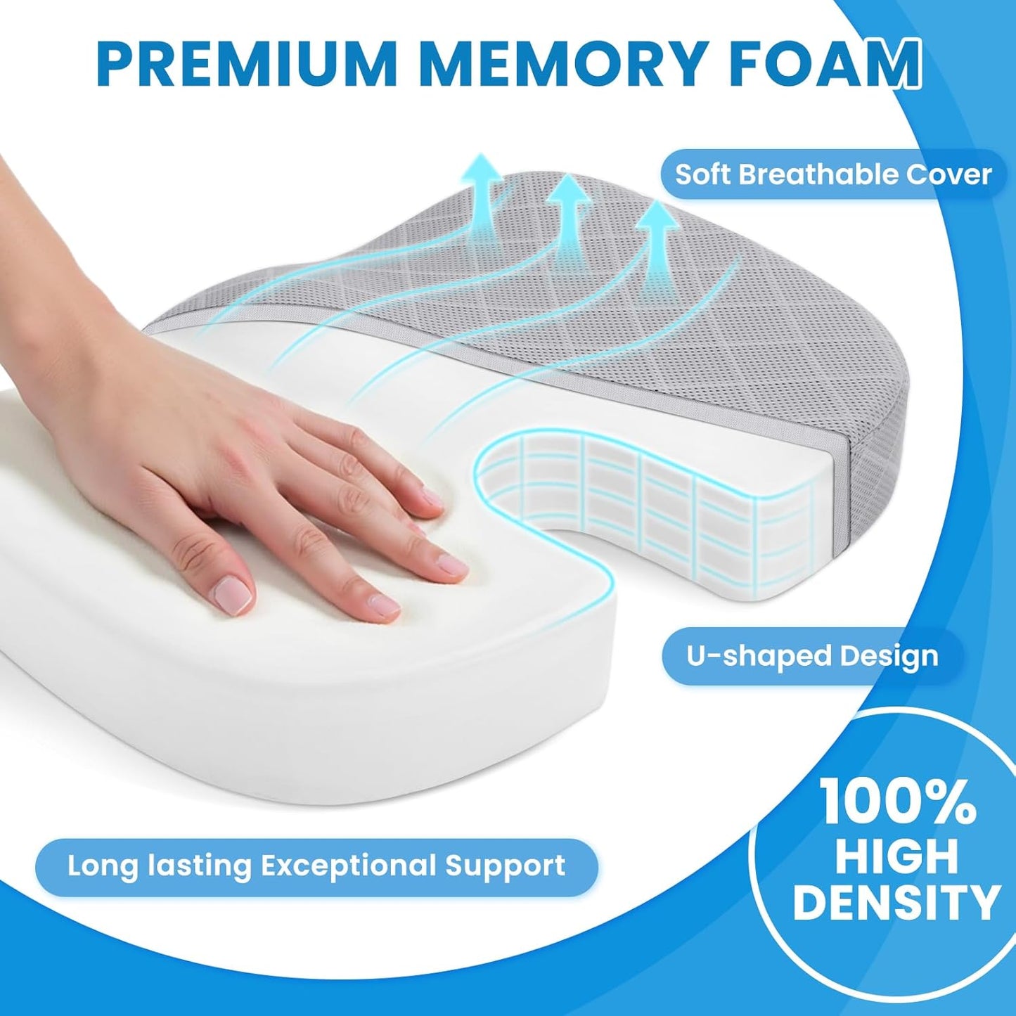 TushGuard Seat Cushion - Memory Foam Cushion for Office Chair, Car Seat, Airplane, Bleacher - Sciatica & Hip & Coccyx Pain Relief Desk Chair Cushion for Long Sitting Office Workers, Car Drivers