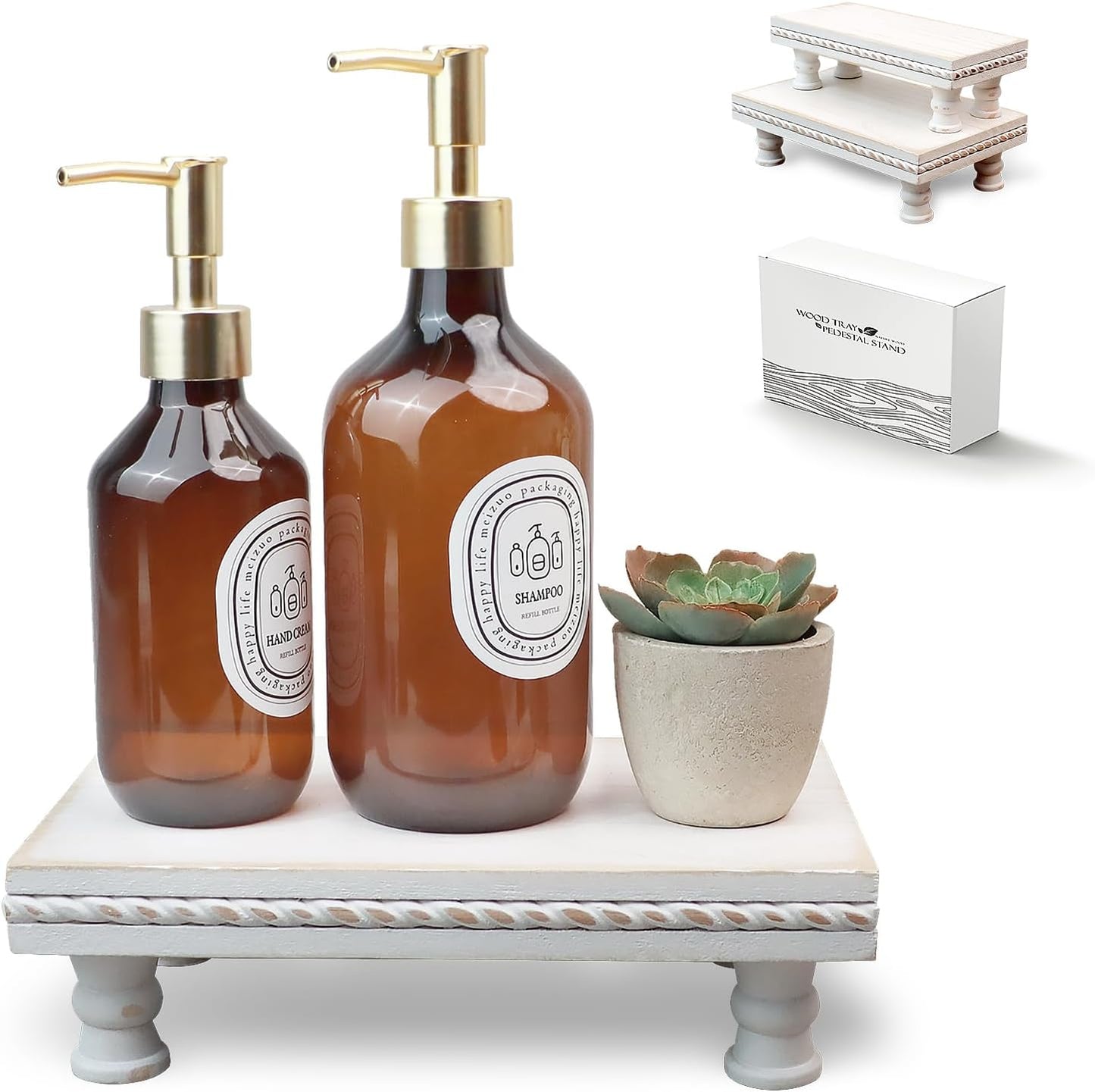 Wood Tray Pedestal Stand, Waterproof Bathroom Counter Organizer, Modern Farmhouse Riser for Soap/Candle/Sponge White Small