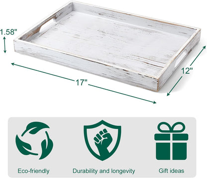 17 Inch Acacia Wood Serving Tray with Handles - Large Wooden Tray for Ottoman, Breakfast in Bed, Dinner, Coffee Table - Decorative Rectangular Tray for Living Room Bedroom Entryway and Kitchen