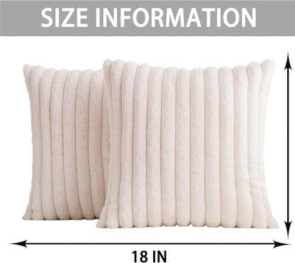 Aegero Pack of 2 Faux Fur Christmas Throw Pillow Covers 18x18 Inch, Soft Plush Striped Neutral Couch Pillow Cover, with Velvet Back Modern Home Decor for Sofa Living Room Couch Bed Cream White