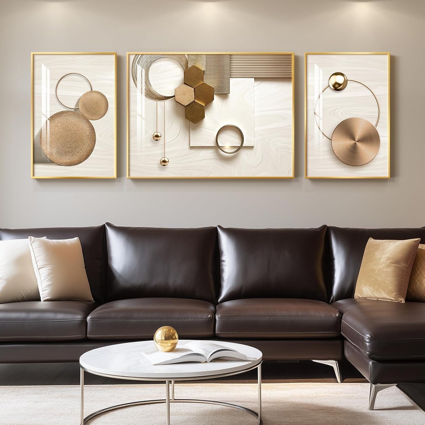 Framed Modern Luxury Gold Wall Art, Set of 3 Piece Contemporary Paintings Artwork for Walls, Golden Prints Pictures with Gold Frame, Wall Decor for Living Room, Hallway, Bedroom, Office 16x24 Inch