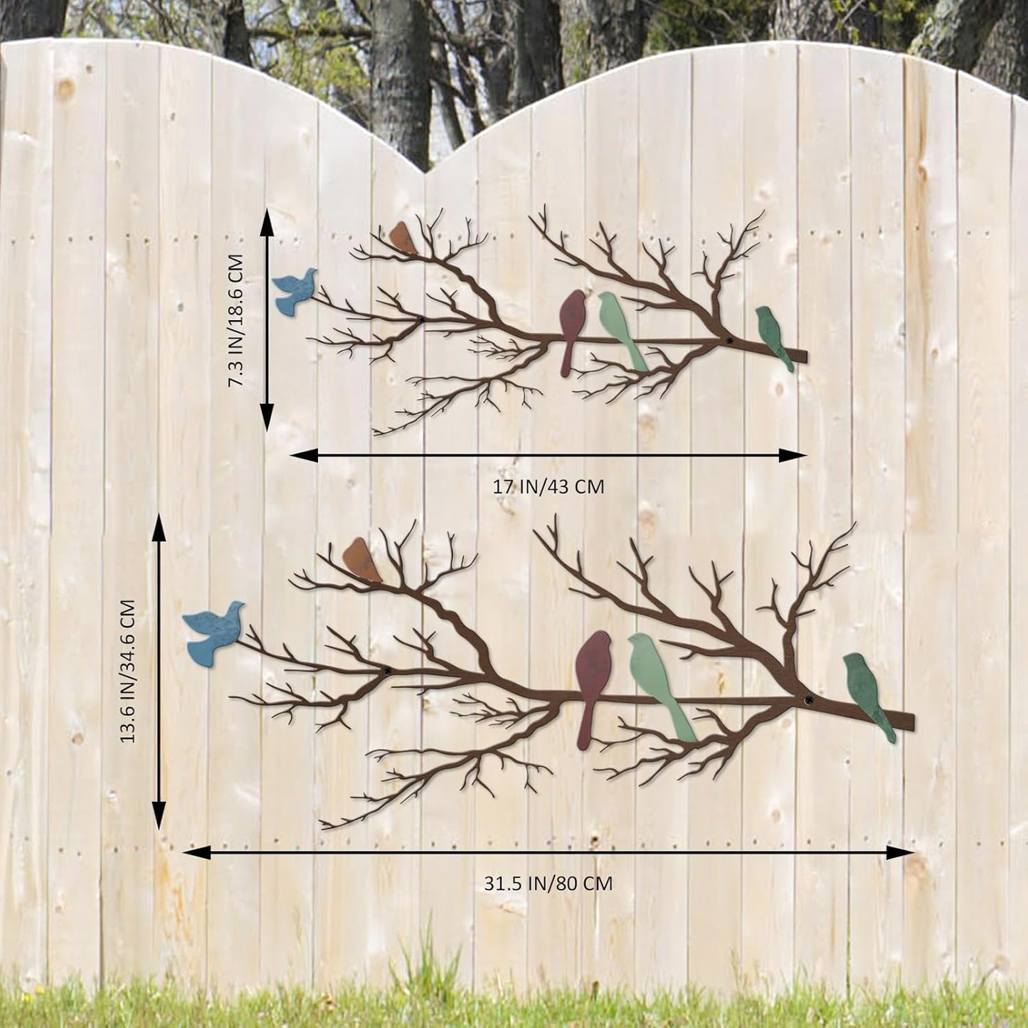 Metal Birds Wall Art, Metal Vivid Birds on Branch Silhouette Wall Decor Black Leaves with Bird Outdoor Hanging Wall Sculpture for Home Balcony Garden(Large)