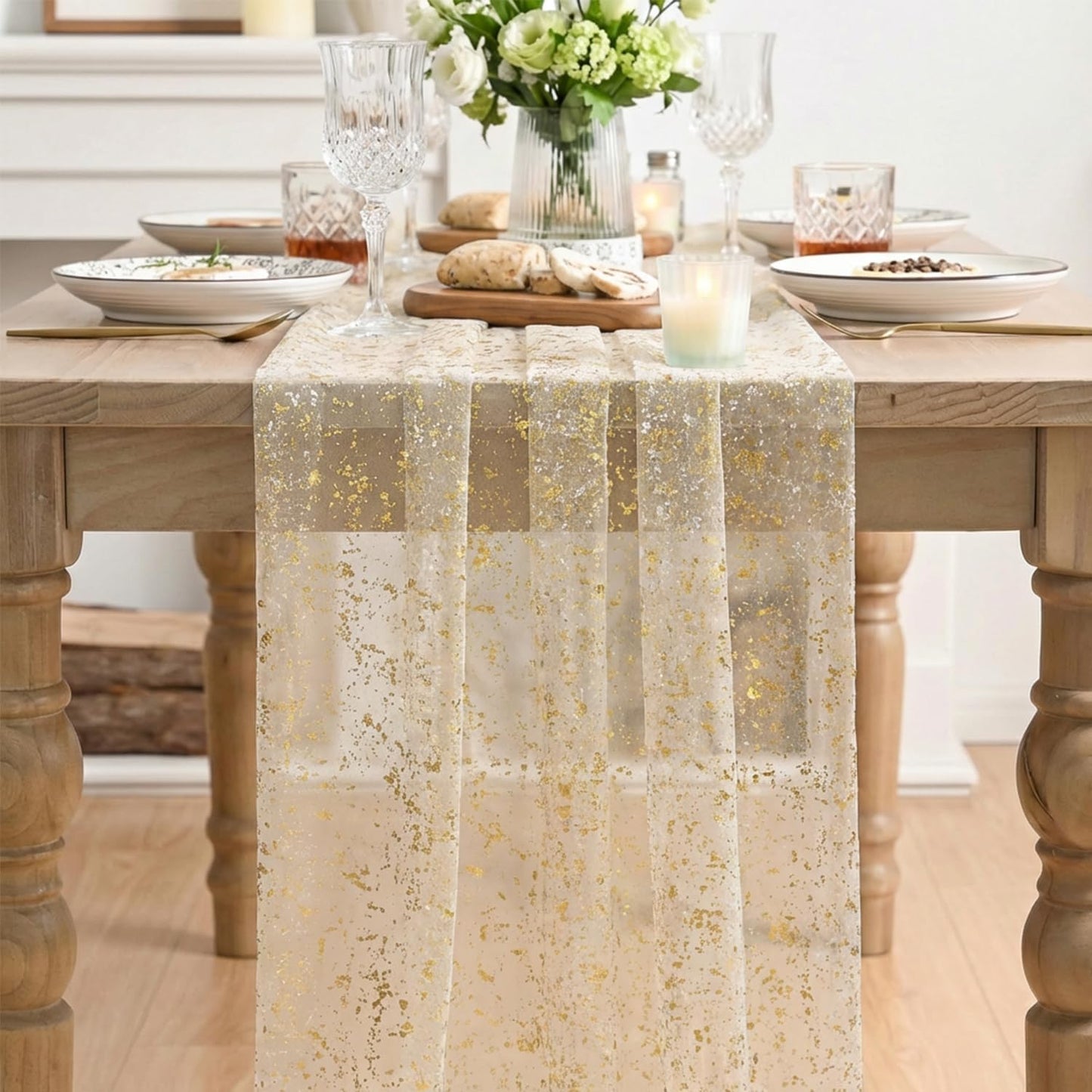 Artoid Mode Beige Gold Gauze Table Runner 120 Inch 10FT, Glitter Metallic Foil Sheer Dining Wedding Anniversary Holiday Birthday Table Decor for Home Party