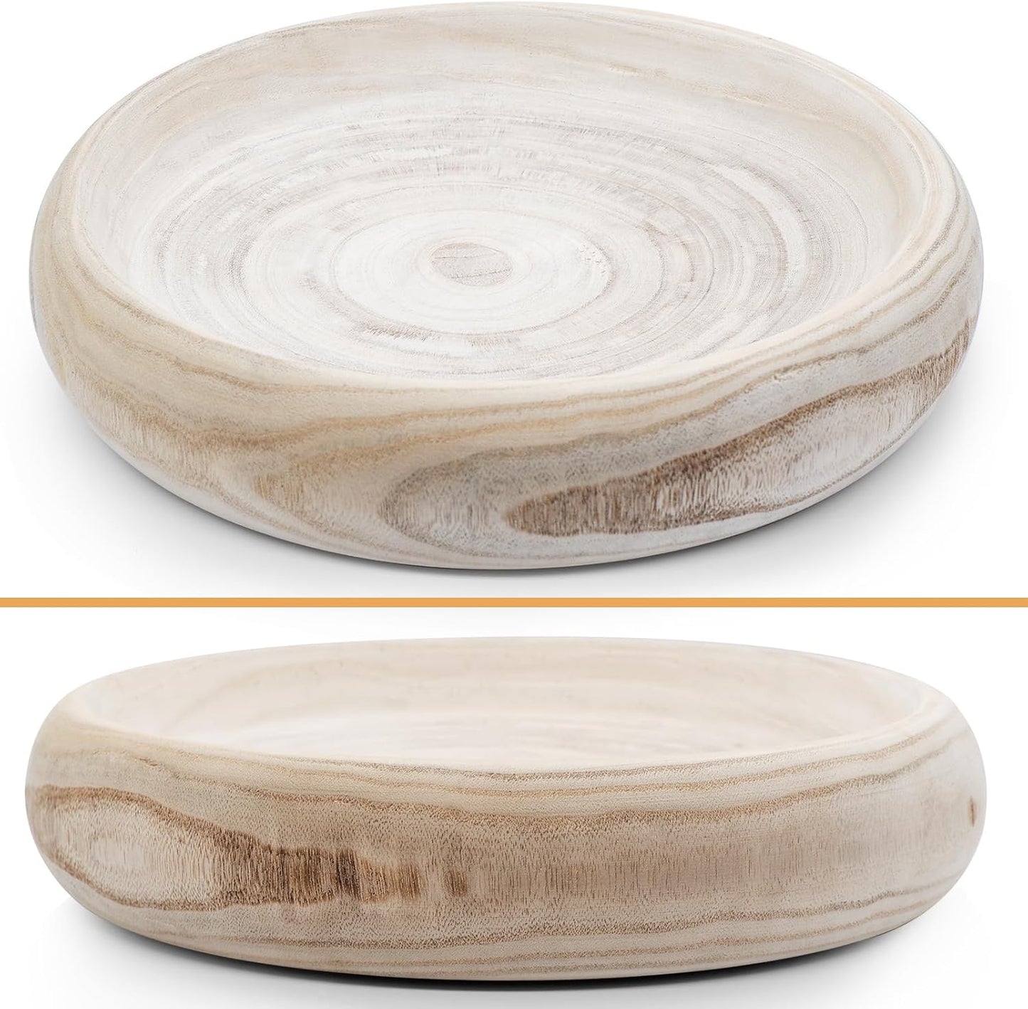 Wooden Decorative Bowls, 11.2 Inch Premium Round Serving Bowl with Rope Handles for Home Decor, Round Paulownia Wood Centerpiece Bowl for Coffee Table(Natural)