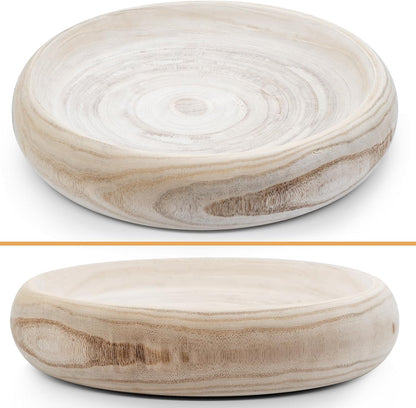Wooden Decorative Bowls, 11.2 Inch Premium Round Serving Bowl with Rope Handles for Home Decor, Round Paulownia Wood Centerpiece Bowl for Coffee Table(Natural)