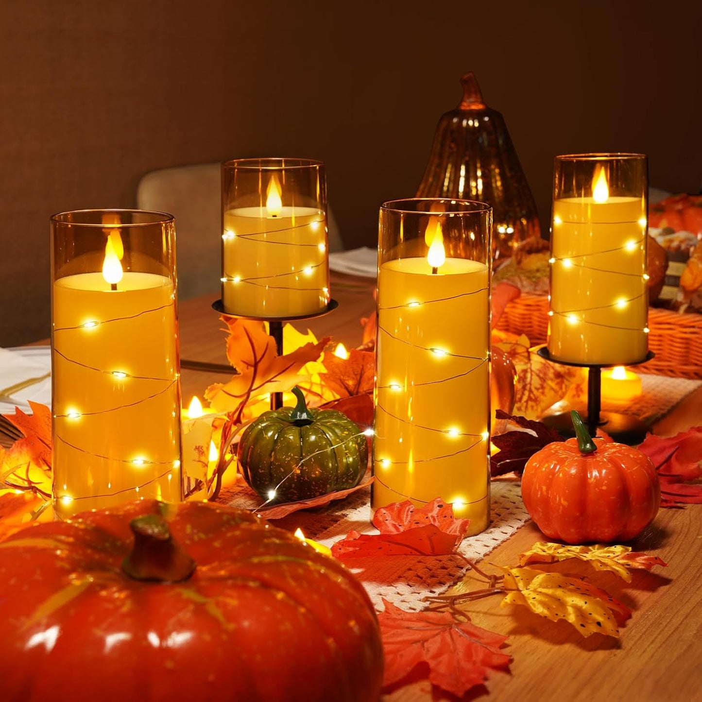 Homemory Flameless Candles with Embedded Star String Fairy Lights, Battery Operated Candles, LED Candle, Fake Candles with Remote Control and Timer for Halloween, Gray Acrylic, Set of 5(H4"5"6"8"8")