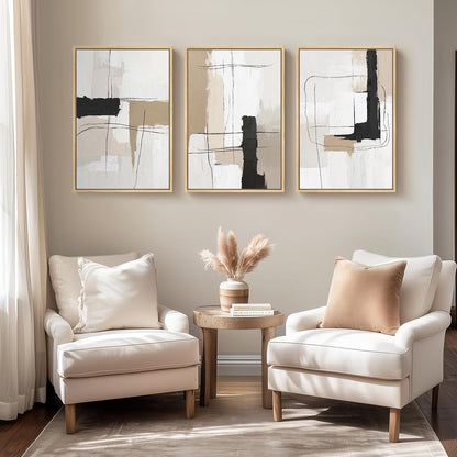 Large Framed Neutral Abstract Wall Art for Living Room, 3 Piece Modern Canvas Prints Paintings Artwork for Walls, Black and Beige Pictures for Living Room Hallway Stair Office Wall Decor 24x36 Inch