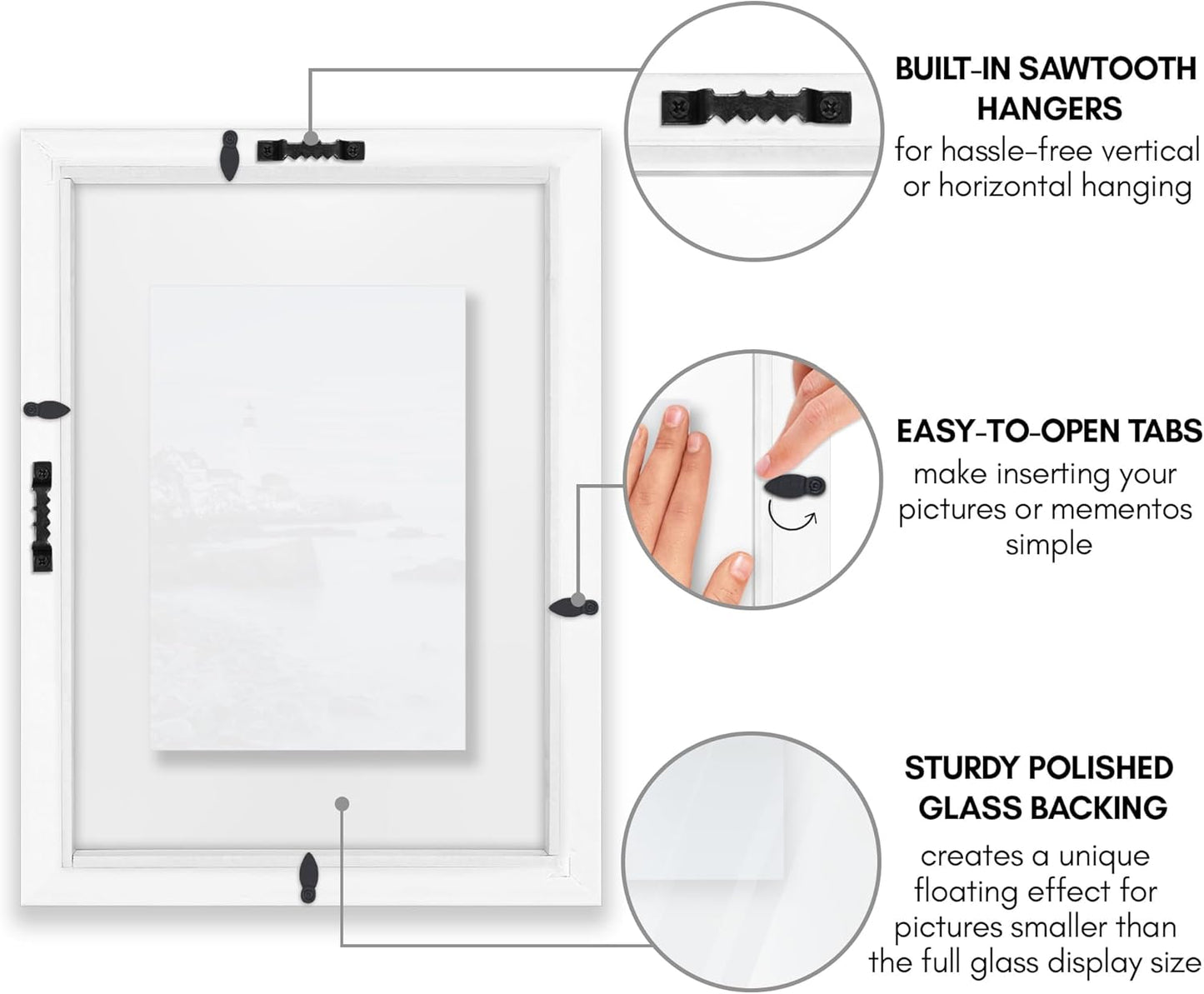 Americanflat 8x10 Floating Picture Frame with Polished Crystal-Clear Glass - Use as 5x7 Picture Frame or Display 4x6 Photo - Signature Float Collection - Photo Frames for Tabletop or Wall - Black