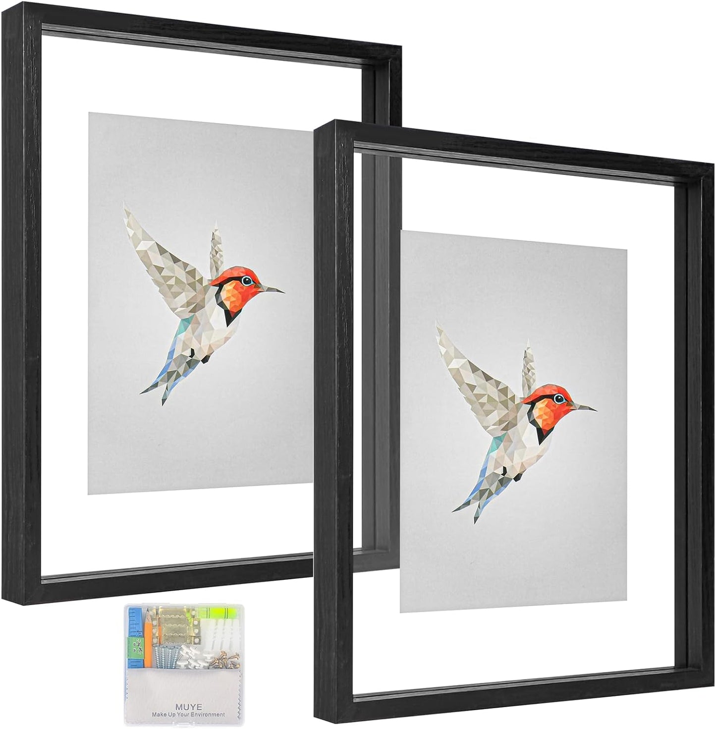 MUYE 11x14 Floating Frame Set of 2,Double Glass Rustic Frame,Display Any Size Photo up to 11x14,Wall Mount or Tabletop Standing,Natural