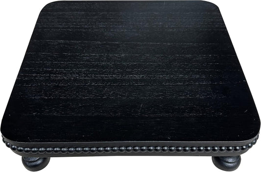 dwellington Farmhouse Display Wood Riser, 12" Decorative Black Beaded Pedestal Stand, Square Tiered Tray Decor for Kitcher Decor, Countertop