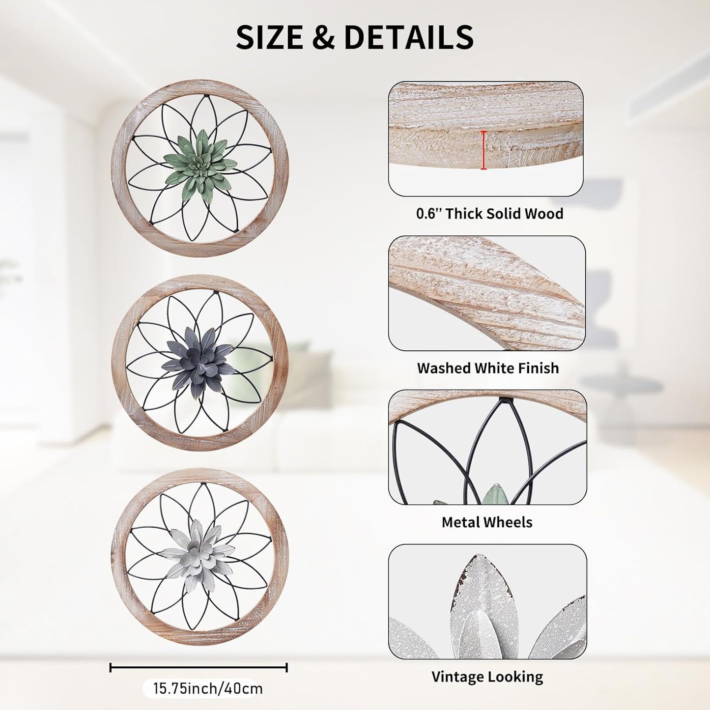 Paquesta 3 Piece Round Farmhouse Wall Decor with 6 Piece Interchangeable Flowers 12'' Medallion Wood & Metal Rustic Wall Art for Living Room Bedroom Kitchen Bathroom Dining Room Home Decorations