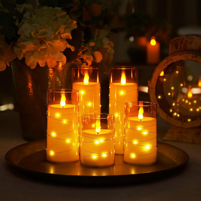 Homemory Flameless Candles with Embedded Star String Fairy Lights, Battery Operated Candles, LED Candle, Fake Candles with Remote Control and Timer for Halloween, Gray Acrylic, Set of 5(H4"5"6"8"8")