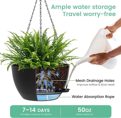 UOUZ 13 Inch 2 Pack Large Self Watering Hanging Planters for Indoor Outdoor Plants, Hanging Plant Pots with Removable 50 Oz Reservoir, Plastic Hanging Basket for Window Porch Garden Balcony, Black