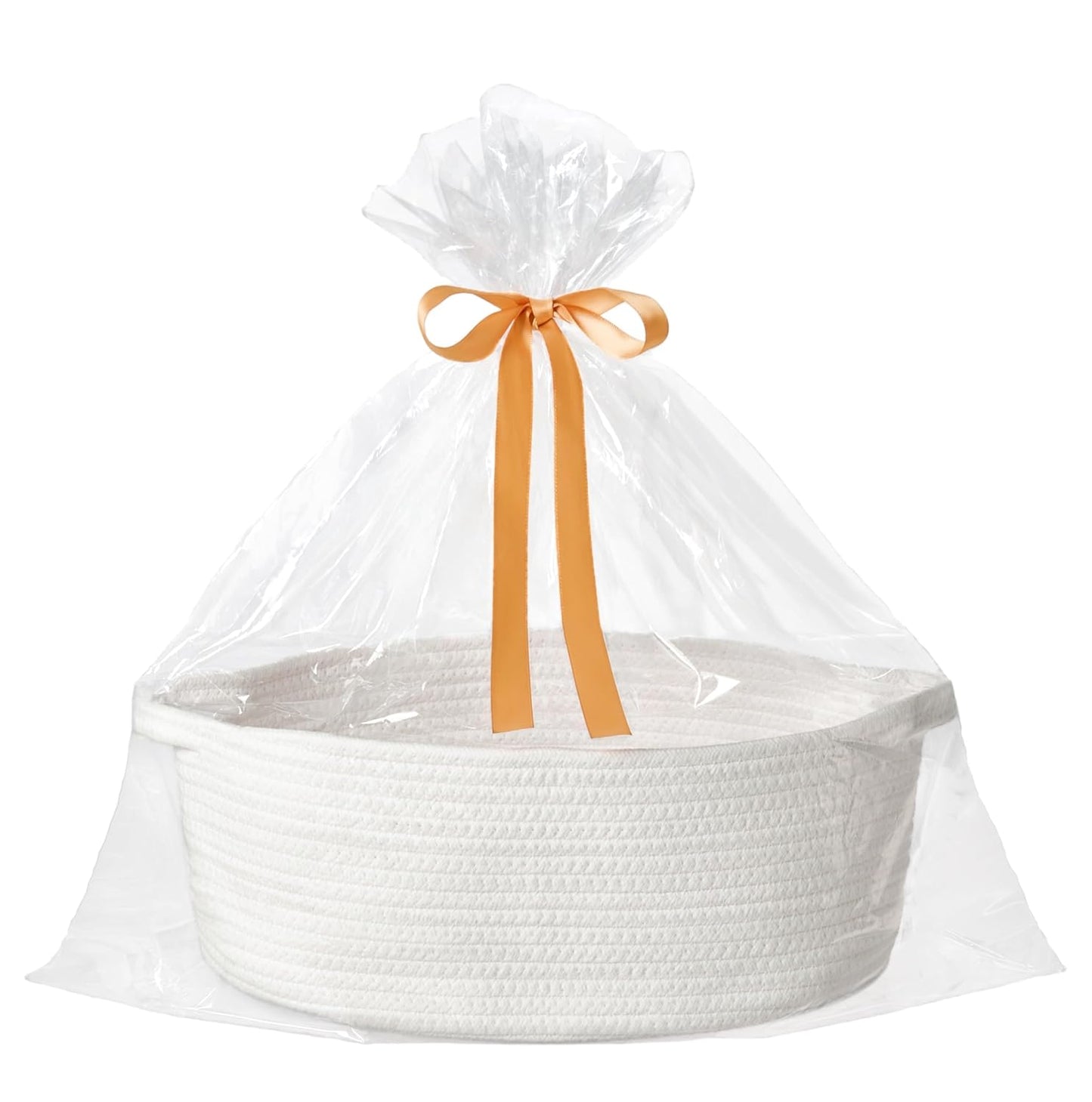 Small Woven Gift Basket Empty with Bag & Ribbon - Gifts for Mom, Baby Shower, Birthdays & Raffle - Cotton Rope Storage Basket for Dog Toys or Shelf - 12"x8"x5", White