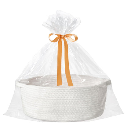 Small Woven Gift Basket Empty with Bag & Ribbon - Gifts for Mom, Baby Shower, Birthdays & Raffle - Cotton Rope Storage Basket for Dog Toys or Shelf - 12"x8"x5", White