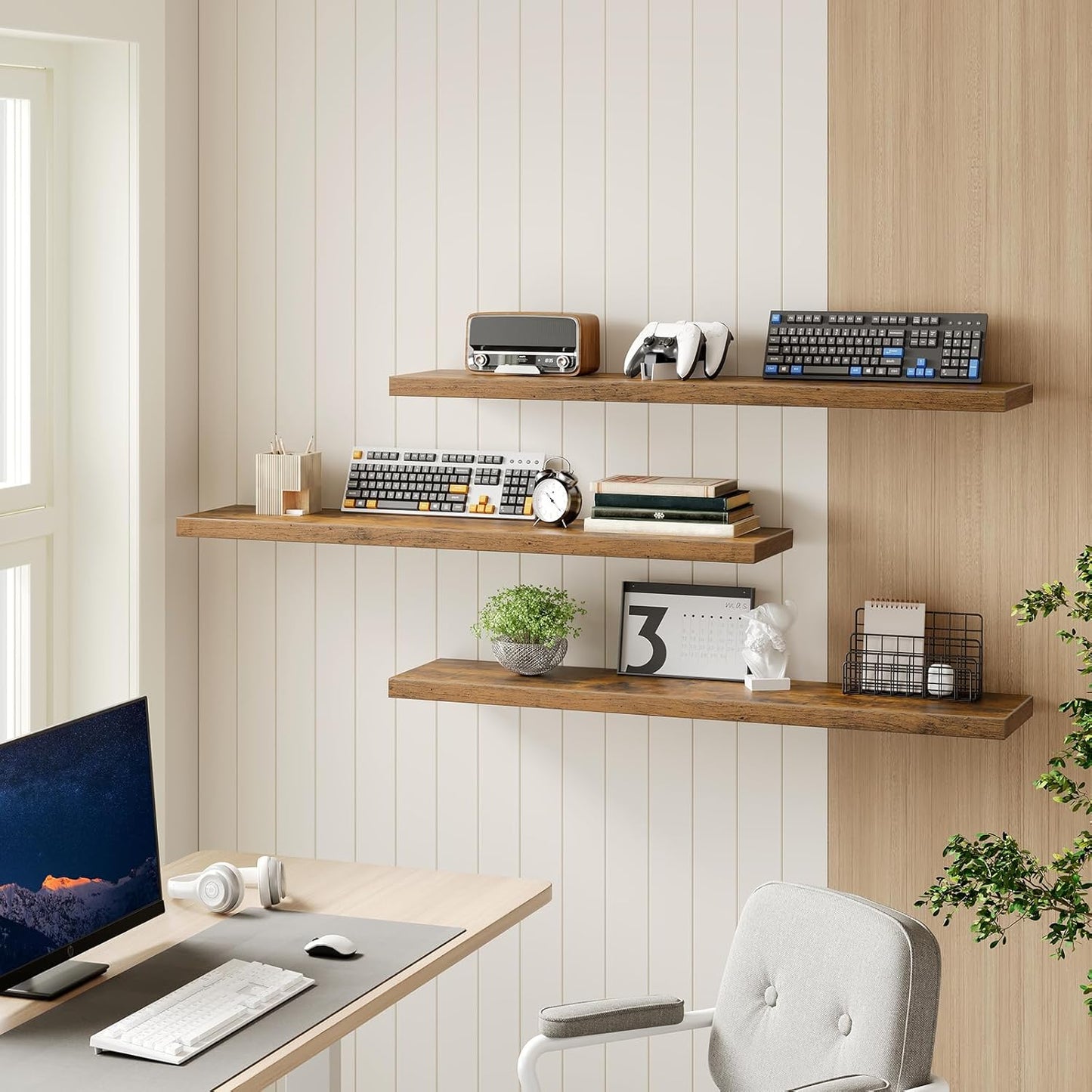 RALGEND Floating Shelves for Wall, 1.5" Thick Wall Shelf Set of 3 with Invisible Brackets, L31.5 x W7.9 Hanging Shelves Farmhouse Home Decor for Bathroom, Living Room, Bedroom, Rustic Brown 8301BJP3BF