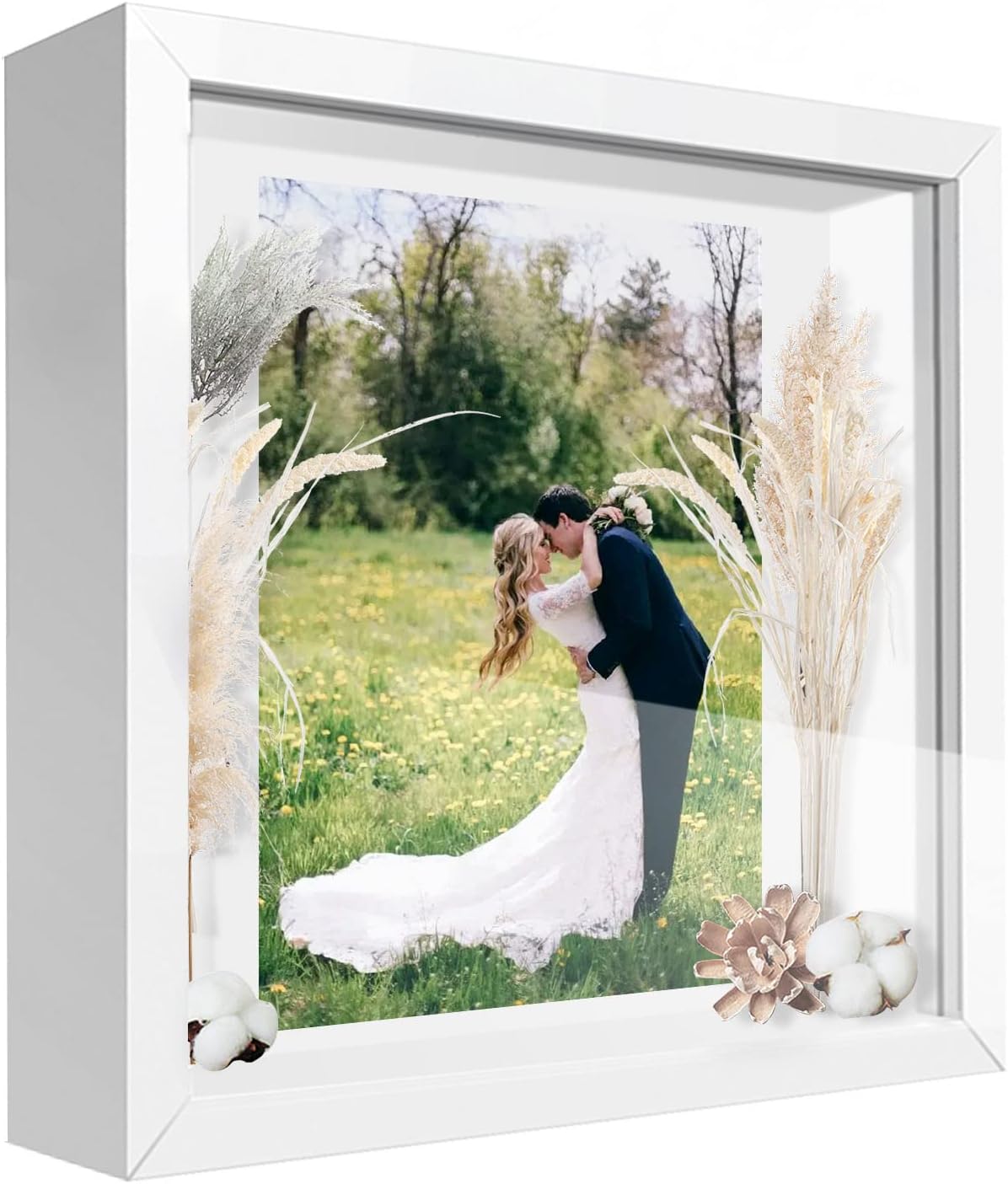 8x8 Shadow Box Frame Display Case with Letter Stickers, 3D Picture Frame, Display Case Box for Memorabilia, Baby Items, Wedding Memories, Crafts, Tickets and Photos (White, 8x8)