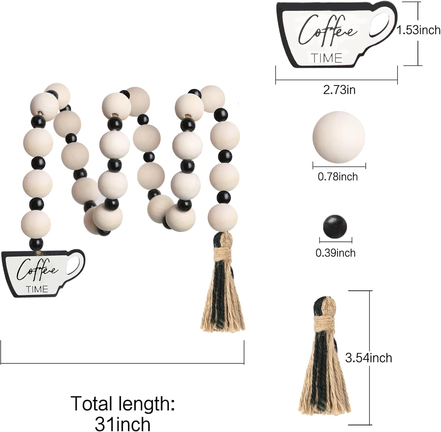 Meplait Garland - Natural Wood Beads, Jute Rope, Coffee Themed Hanging Ornament for Home Decor