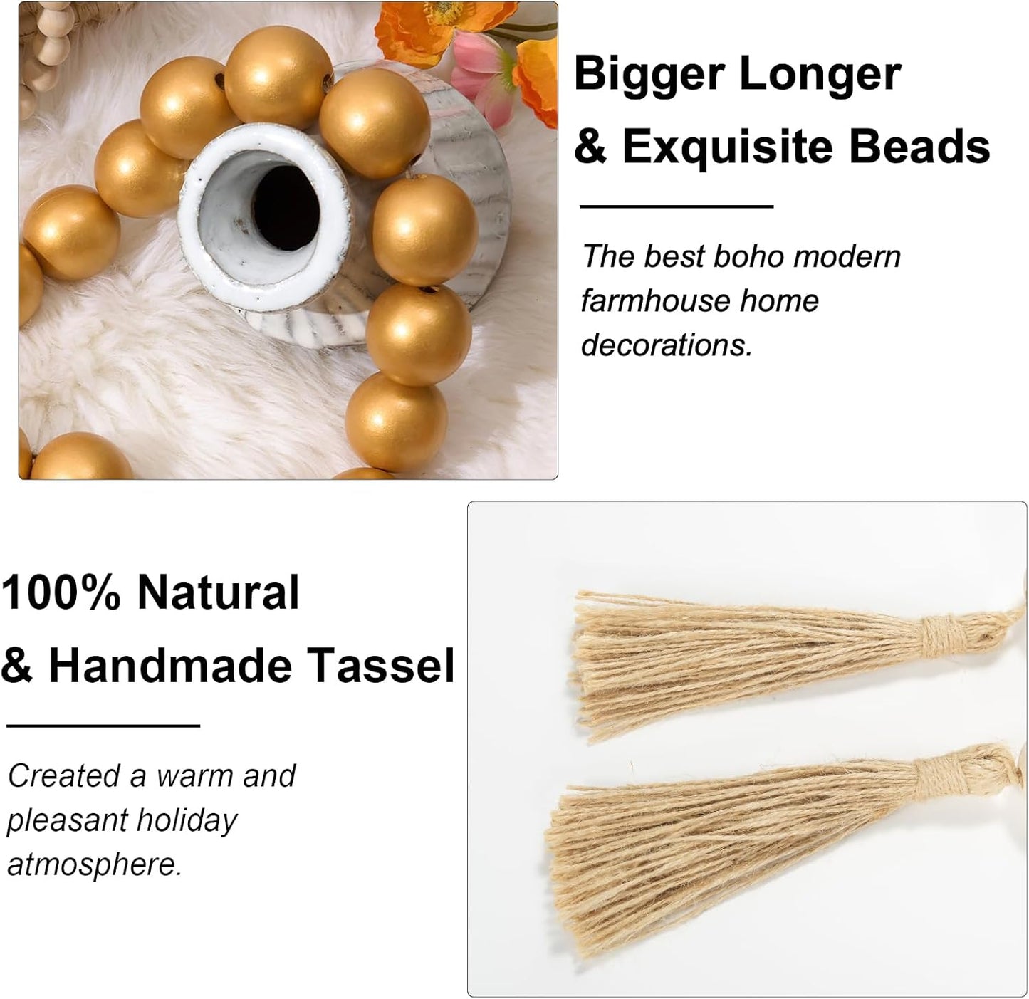 OMISHE Extra Large Wood Bead Garland with 1.6" Diameter Wooden Beads and Tassels, 41" Long Rustic Farmhouse Country Decorative Beads for Home Tiered Tray Decor, Natural Beige