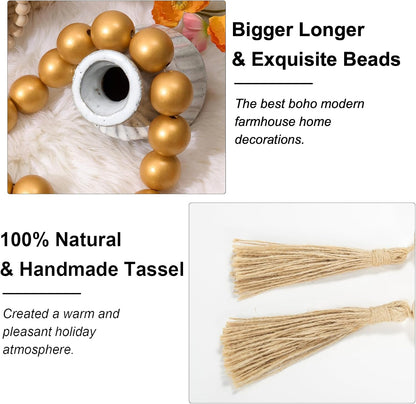 OMISHE Extra Large Wood Bead Garland with 1.6" Diameter Wooden Beads and Tassels, 41" Long Rustic Farmhouse Country Decorative Beads for Home Tiered Tray Decor, Natural Beige