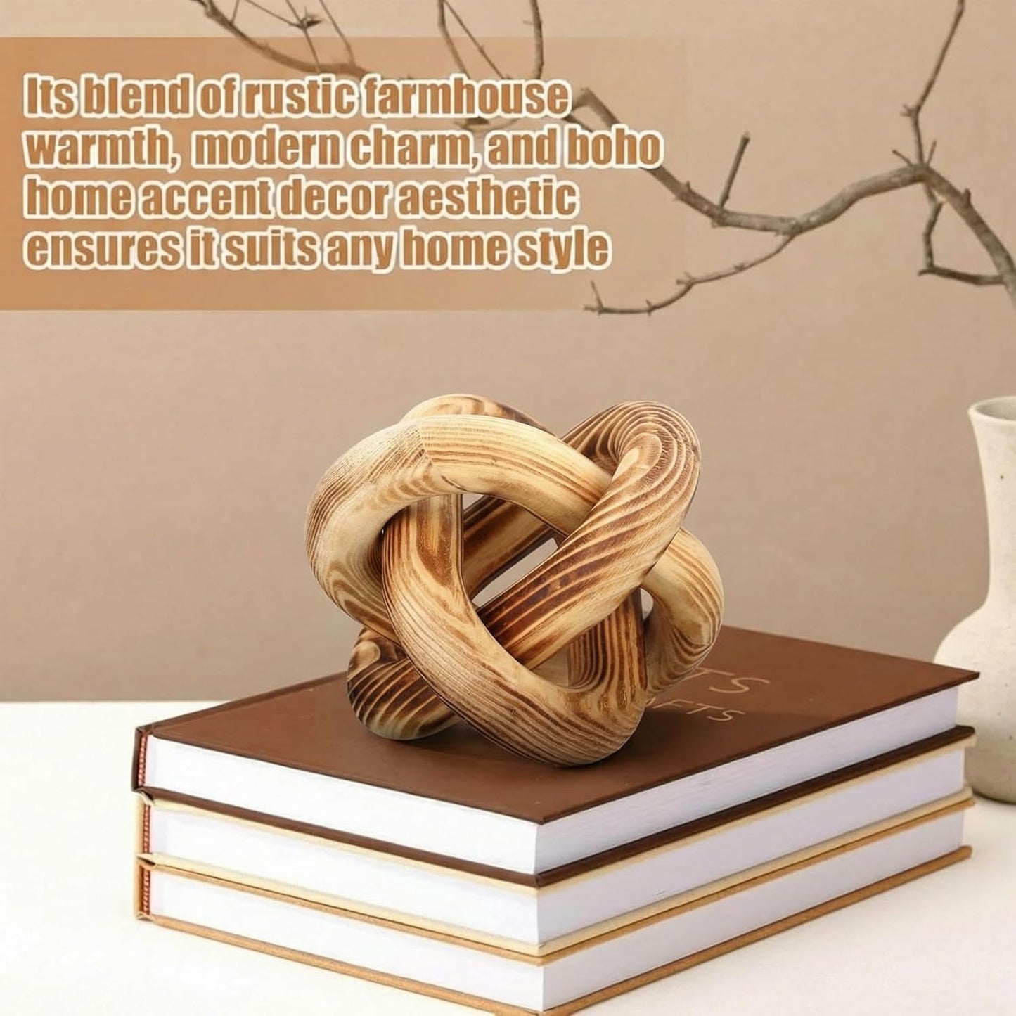 Yalikop 3 Link Wood Knot Decor Rustic Home Décor Accents Hand Carved Coffee Table Decoration, Boho Chain Link Decoration, Modern Shelf, Rustic Objects for Home Living Room Bedroom(White)