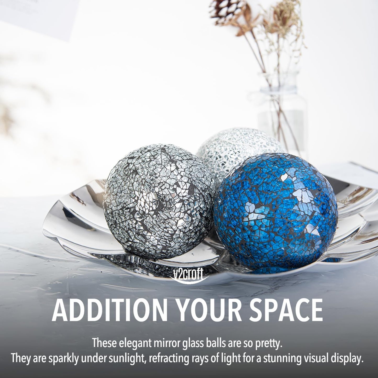 4in Decorative Mosaic Sphere Orbs Set of 3, Glass Balls for Whole Housewares,Wedding/Birthday,Bowls,Vases Dining Table Centerpieces(Silver,Black,Blue)