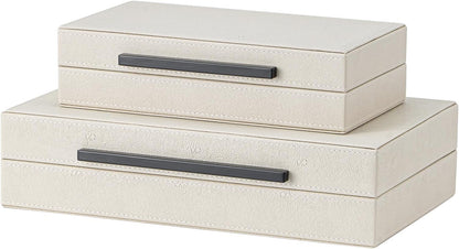 XIGEXIGE Set of 3 Beige Shagreen Decorative Storage Boxes with Black Metal Handles –Faux Leather Large Modern Stackable Nesting Jewelry Box with Lids Organizer