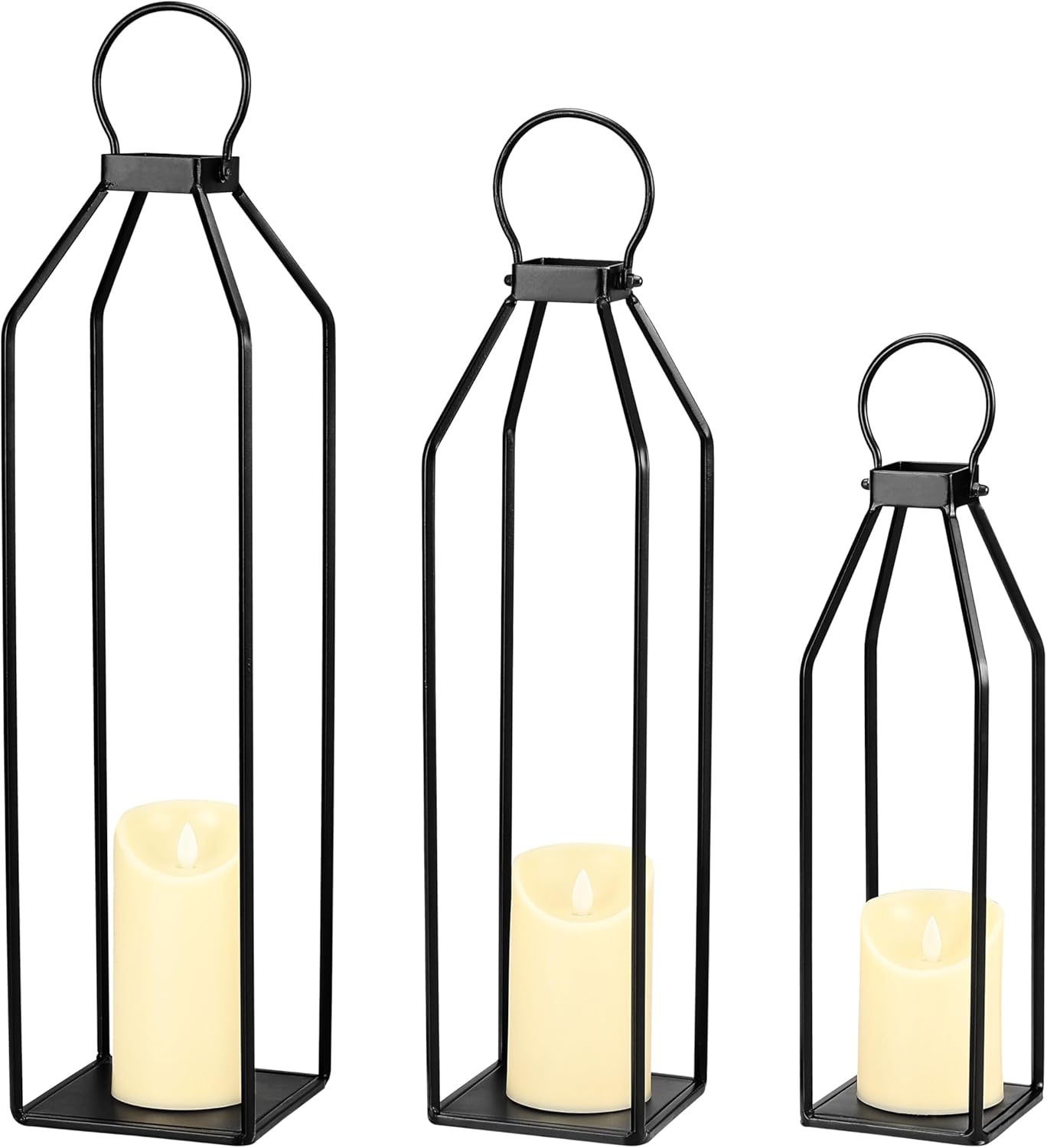 Perfnique Modern Farmhouse Lantern Decor, 15'' 13'' Set of 2 Black Metal Lantern, 2 LED 6hr Timer Flameless Candles ＆ Remote Timer, Lanterns Decorative for Outdoor, Home, Indoor, Patio, Christmas