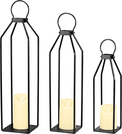 Perfnique Modern Farmhouse Lantern Decor, 15'' 13'' Set of 2 Black Metal Lantern, 2 LED 6hr Timer Flameless Candles ＆ Remote Timer, Lanterns Decorative for Outdoor, Home, Indoor, Patio, Christmas