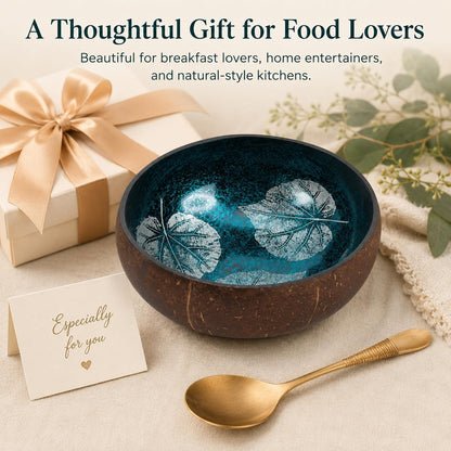 ChezMax Natural Coconut Bowl with Mother of Pearl Inlays - Key Bowl & Fruit Snack Holder (Blue-Gold)