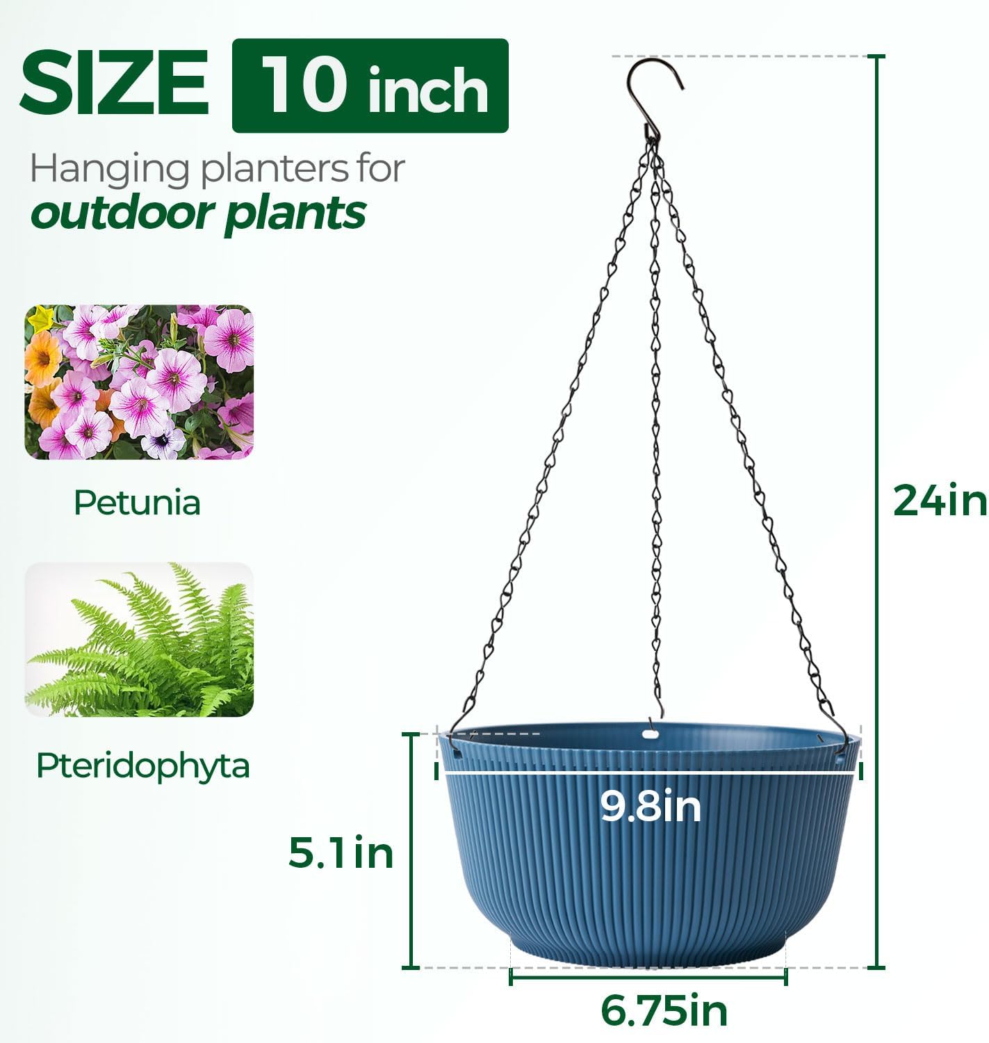 T4U 10 Inch Hanging Planters for Indoor Plants, 2 Pack White Self Watering Hanging Plant Pot, Hanging Pots Set with Drainage Hole & Plug & Chain with 3 Hooks for Garden Home Decor