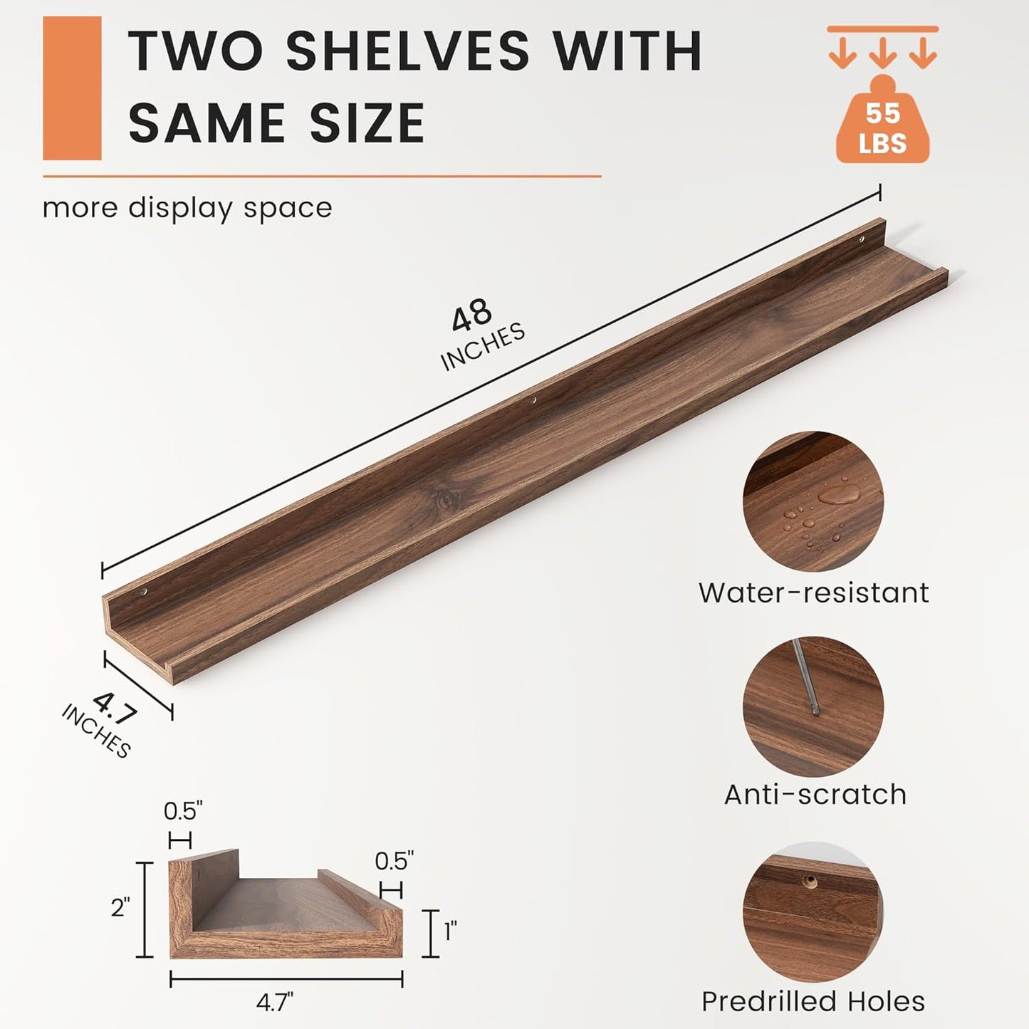 FLYJOE Picture Ledge Shelf, Floating Shelves Set of 2, 48 Inches Long Large Nursery Book Shelves for Toys Storage, Kids Bookshelf Wall Mounted for Living Room Bedroom Decor Books Photo Frames, Walnut