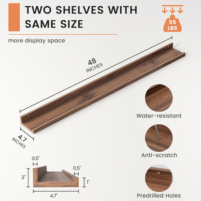 FLYJOE Picture Ledge Shelf, Floating Shelves Set of 2, 48 Inches Long Large Nursery Book Shelves for Toys Storage, Kids Bookshelf Wall Mounted for Living Room Bedroom Decor Books Photo Frames, Walnut