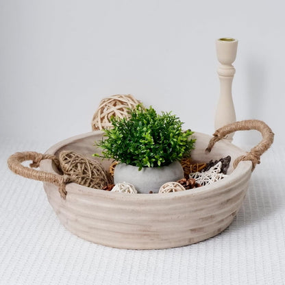 Wooden Decorative Bowls, 11.2 Inch Premium Round Serving Bowl with Rope Handles for Home Decor, Round Paulownia Wood Centerpiece Bowl for Coffee Table(Natural)